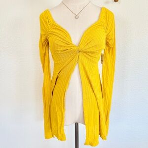 🌞 FREE PEOPLE Yellow Ribbed Twist Front Open Front Long Sleeve Tunic Top